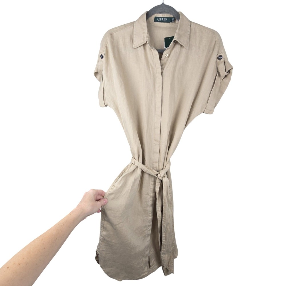 Lauren Ralph Lauren Shirt Dress Womens 4 Tan Linen Belted Safari Minimalist NWT